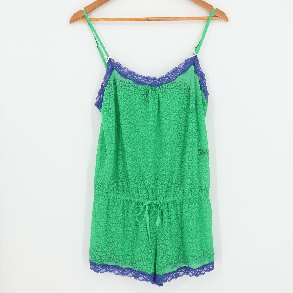 Green Lace Sheer Romper Womens Size M Coquette Bow‎ Lounge Pajama Teddy Beachy